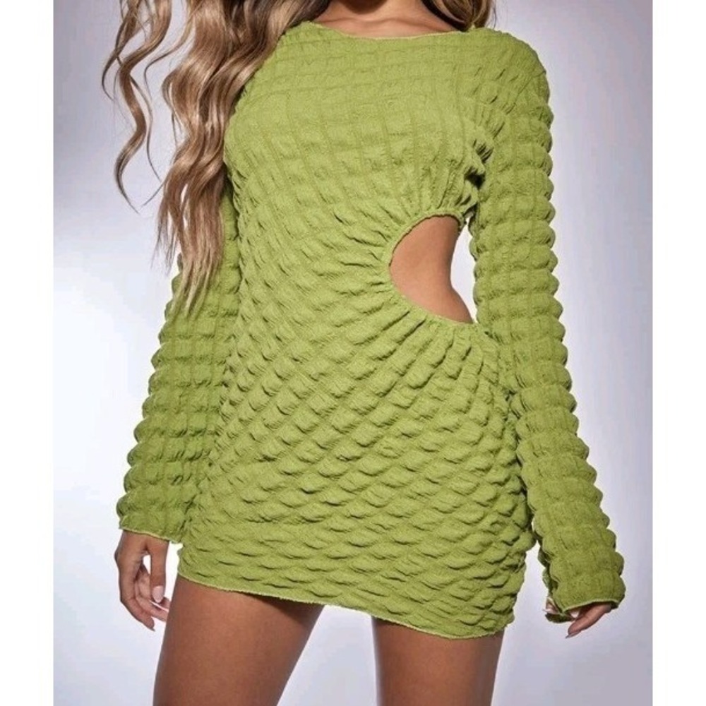 Pretty Little Thing Olive Bubble Textured Bodycon Dress Cut Out Sz US 2 NWT